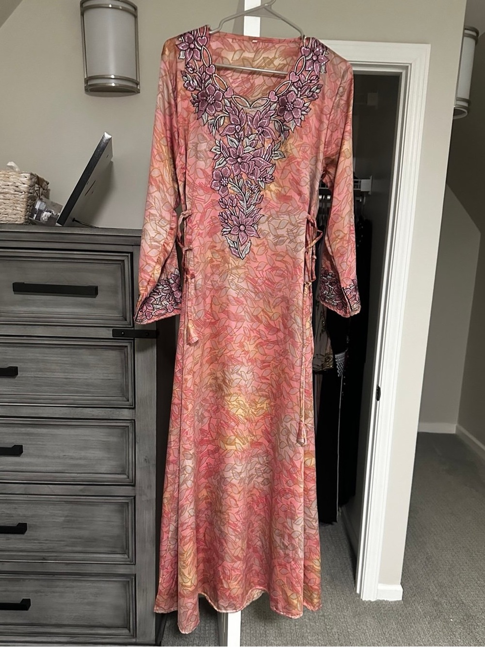 Embroidered Pink Floral Long Sleeve Maxi Dress